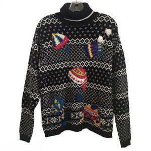 Victoria Jones Fair Isle Black & White Turtleneck Sweater Winter Hats Women’s Lg
